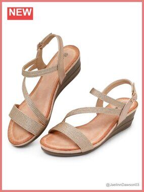 Strappy Low Wedge Sandals with Ankle Strap - Comfortable Dressy Casual Shoes